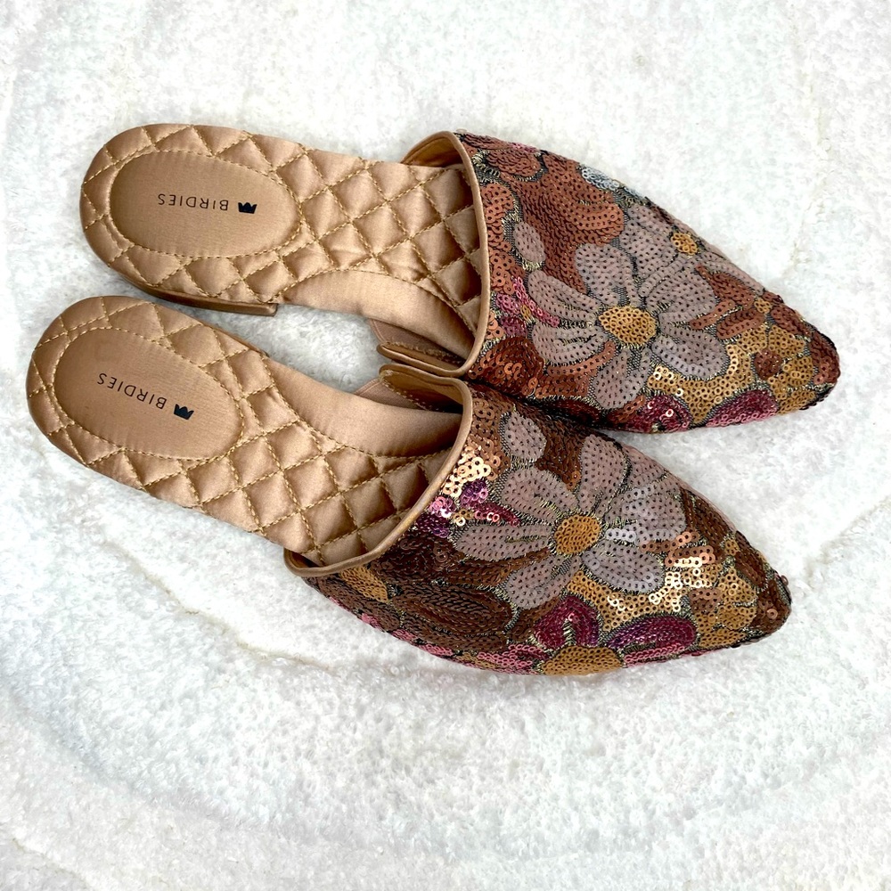 Birdies The Dove Pink Petal Sequin Slides Shoes Flats Women’s Size 8.5 EUC